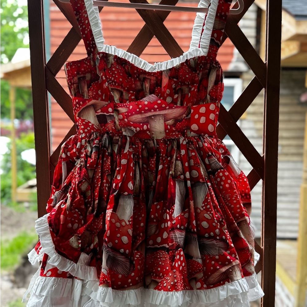 Selkie Red Ruched Ruffled Mushroom Sundress